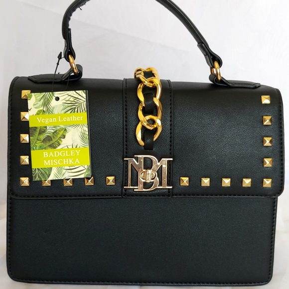 🏷️ NWT Badgley Mischka Black Chain Studded Crossbody/Handle Purse Vegan Leather - Picture 3 of 8